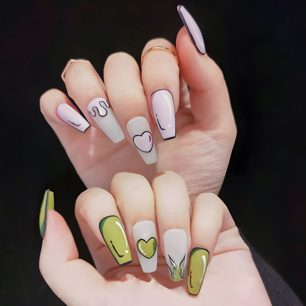 Uñas postizas con diseño de graffiti de dibujos animados de dopamina para primavera y verano, uñas postizas largas en forma de escalera que realzan el brillo, 24 piezas, estilo fresco.