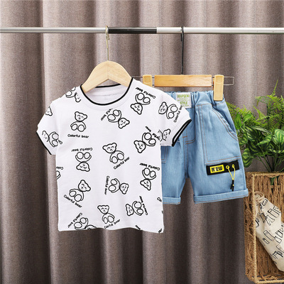 2021 new pattern Korean Edition children T-shirts Short sleeved shorts suit Child 4 baby Cartoon T-shirt shorts suit