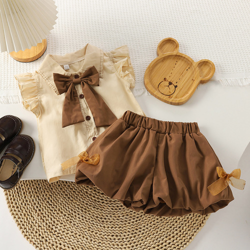 Korean version girl child trendy summer new set with bow sleeveless top stylish puff shorts two-piece set