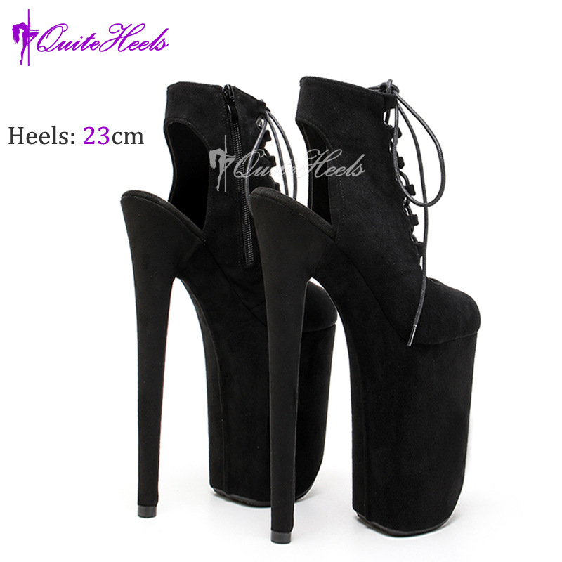 Bốt nữ La Mã siêu cao gót 23cm đi catwalk biểu diễn — Quả mơ MattBeigeMatt, Đen câm Đen Matt, Nhung đen Faux Suede, Đen bóng Black pat chi tiết 3