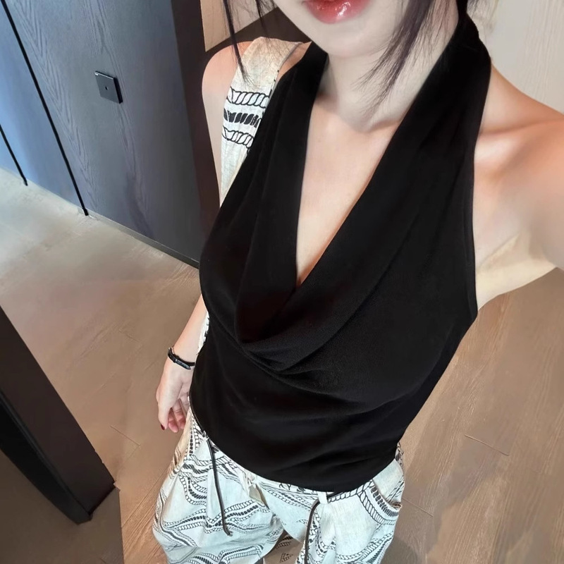 Black Large Backless Neck Small Camisole Vest Women's Summer Thin Design Sense Niche V-neck Sleeveless Top