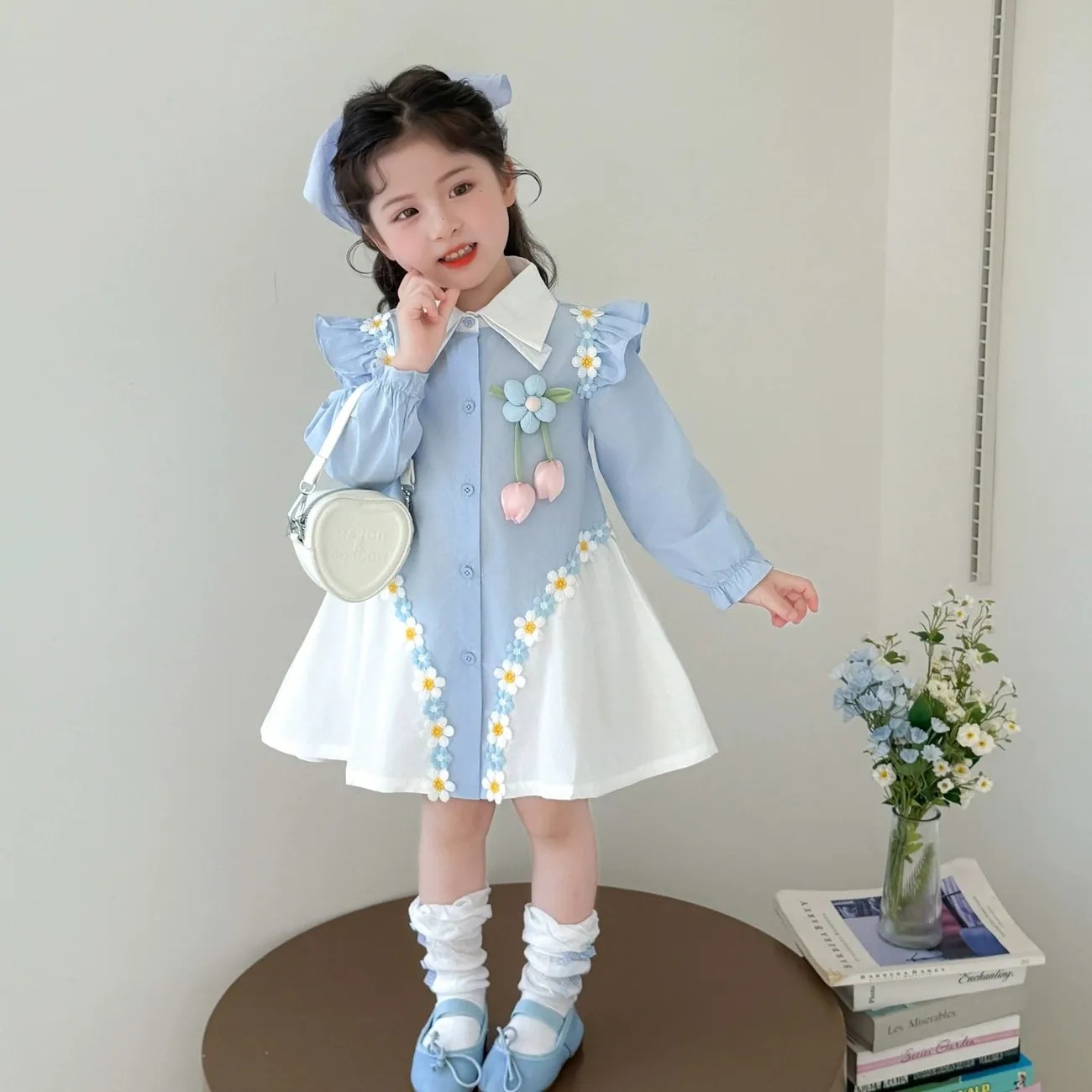 Girls' Dresses, Autumn Clothes, New Styles, Long-Sleeved Shirt Skirts for Small and Medium-Sized Children, Spring and Autum Little Girls' Flower Princess Skirts