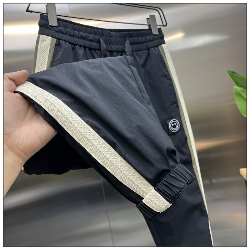 Spring summer quick drying washed loose men's side striped splicing trend slim fit leg binding cropped pants, sports and_voghion.com
