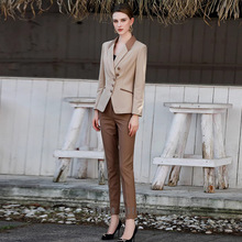AD拼色西装外套女小个子职业装英伦风斜排扣卡其色西服套装正装