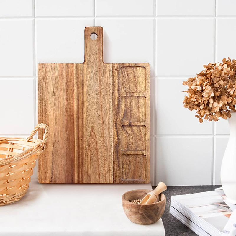 Placa de almacenamiento de gran capacidad de tabla de cortar de madera con compartimento hogar conveniente plato de aperitivos de frutas y verduras con mango plato de desayuno