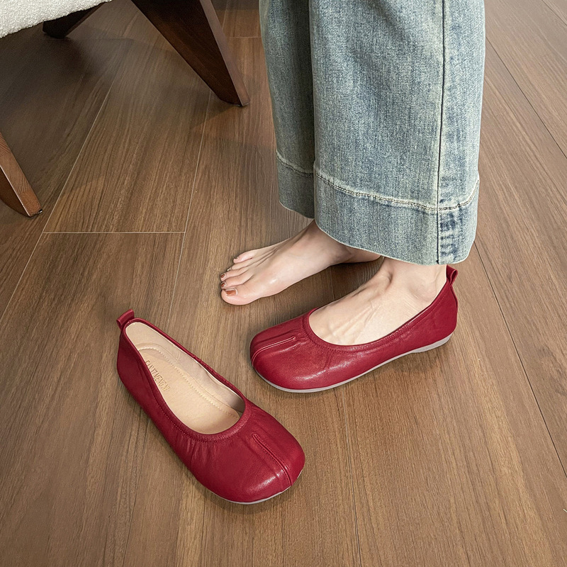 女性用浅口ラウンドトゥシューズ 2025 夏の新しいスタイルのフレンチソフト表面ソフトソール女性用スカートフラットシューズ|undefined