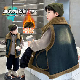 儿童加厚加绒牛仔马甲外套外穿2024冬季男童新款中大童保暖背心潮