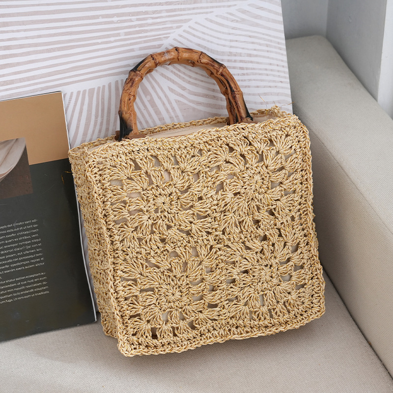 Hochwertige, neue Strohtasche mit Bambusgriff und Papierblumen, modische, frische und lässige Damentasche aus Webstoff, grenzüberschreitend_voghion.com