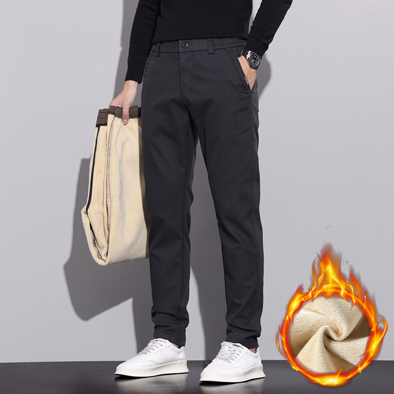 2023 Winter New Fabric Warmth and Korean Edition Small Straight Casual Pants for Men Waist Elastic Soft One piece Velvet_voghion.com