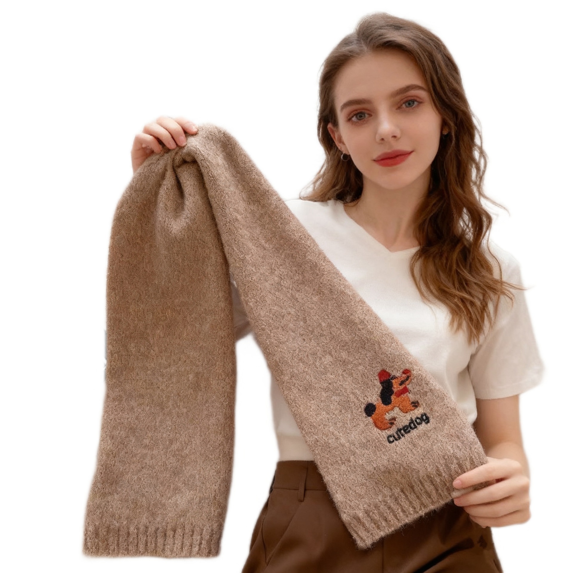 Japanese-Style Cute Puppy Embroidered Scarf for Women, Autumn and Winter 2024 New Warm Versatile College Style Knitted Neck Warmer Trendy