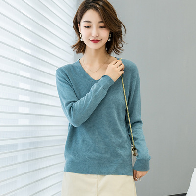 时尚V字领宽松针织衫女士打底衫 淘货源春秋新款短款套头薄款上衣|ms