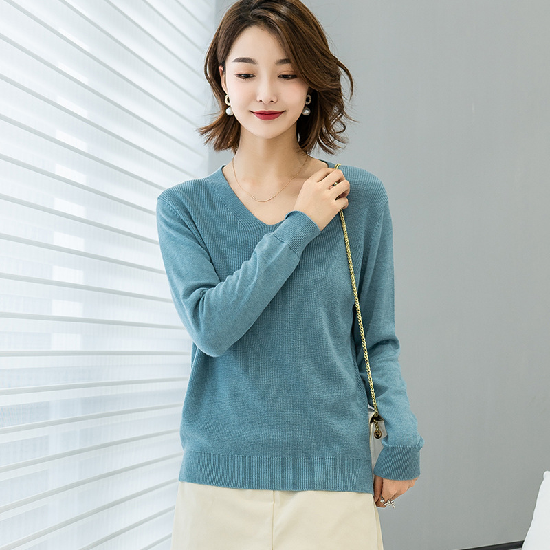 时尚V字领宽松针织衫女士打底衫 淘货源春秋新款短款套头薄款上衣|ms