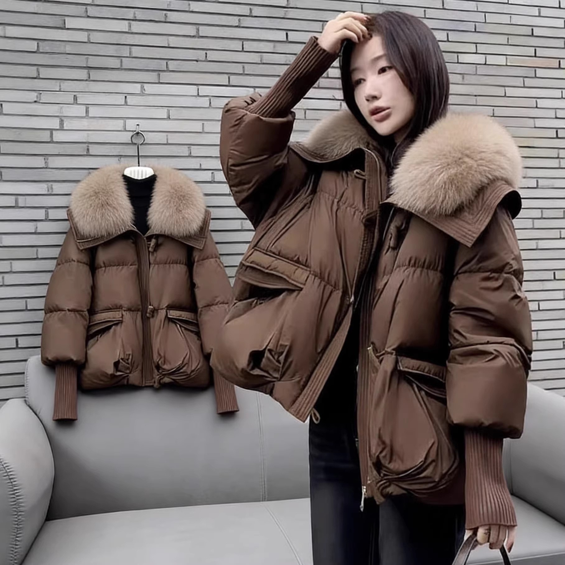 큰 털 카라 다운 코튼 의류 여성용 신상 짧은 스타일 한국 패션 루즈핏 대형 사이즈 코튼 재킷 두꺼운 겨울 코트