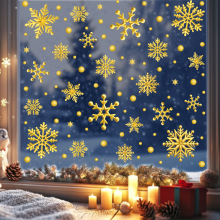 亚马逊圣诞贴纸立体金色雪花静电贴圣诞派对用品冬季粉色雪花窗贴