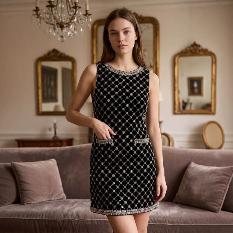 Tweed Style High-End Embroidered Beading Heavy-Duty New Versatile French Plaid Velvet Dress-8281+8276 Tweed Style High-End Embroidered Beading Heavy-Duty New Versatile French Plaid Velvet Dress-8281+8276