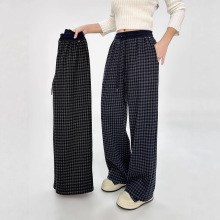 2025冬新款韩版女童格子一体绒直筒裤中大童阔腿裤松紧罗纹腰头