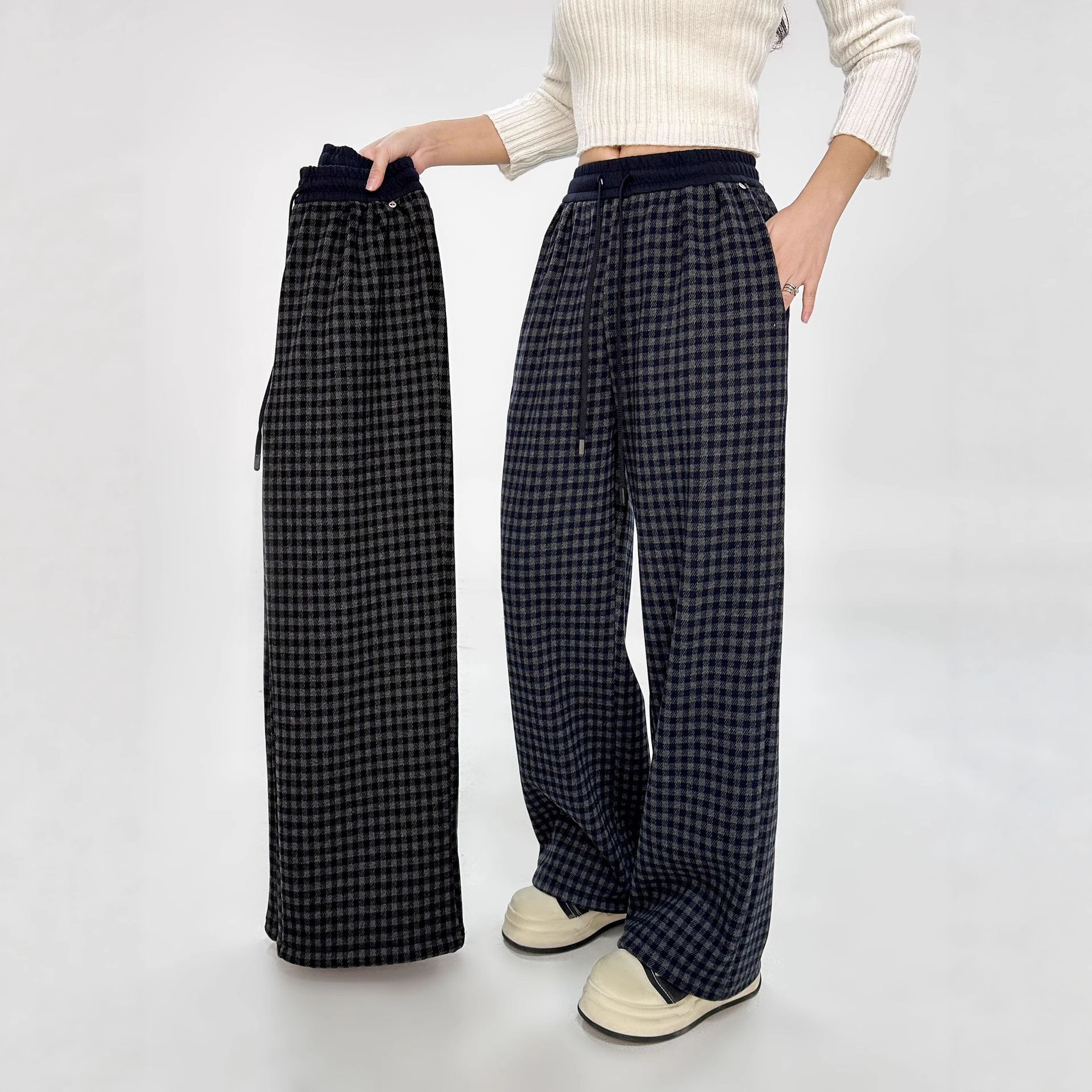 2025冬新款韩版女格子一体绒直筒裤阔腿裤松紧罗纹腰头