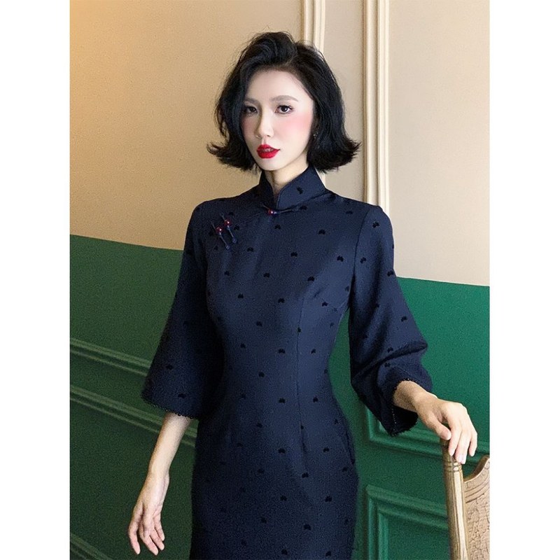 藏蓝色旗袍2025新款早秋改良新中式年轻款少女日常可穿高级感裙子|undefined