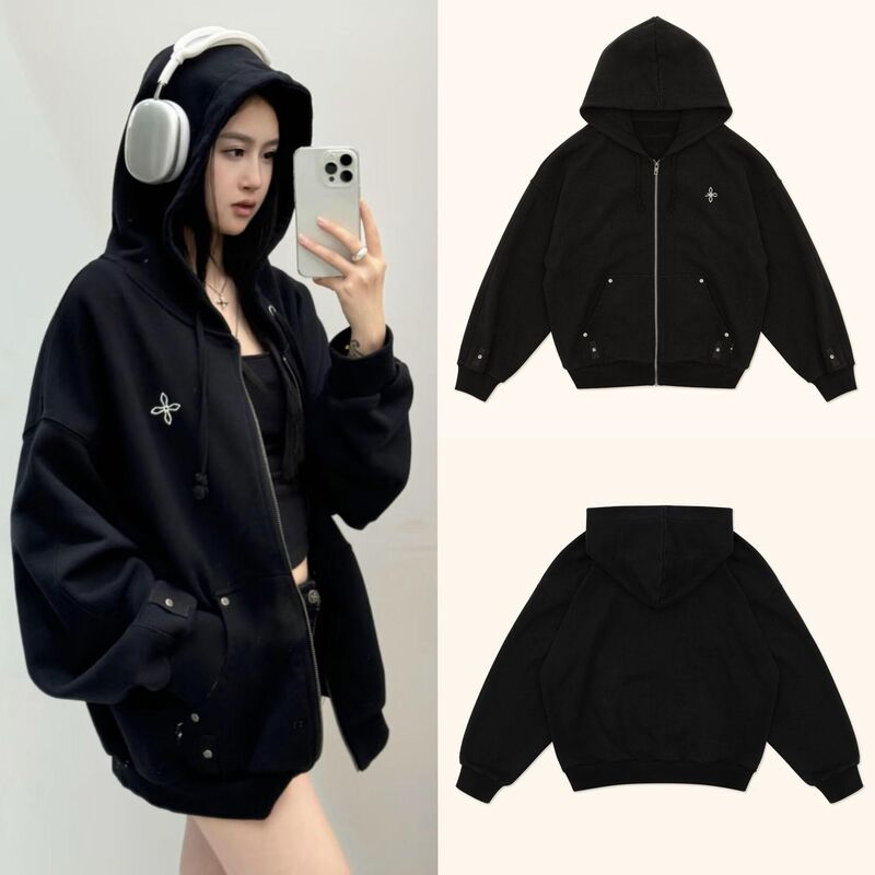 SK Cross Flower Classic Zipper Hoodie Loose Fit Jacket Top 24 Spring New Style