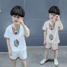 民族风贴片棉麻中小童套装短袖短裤男童男孩夏天儿童服饰批发