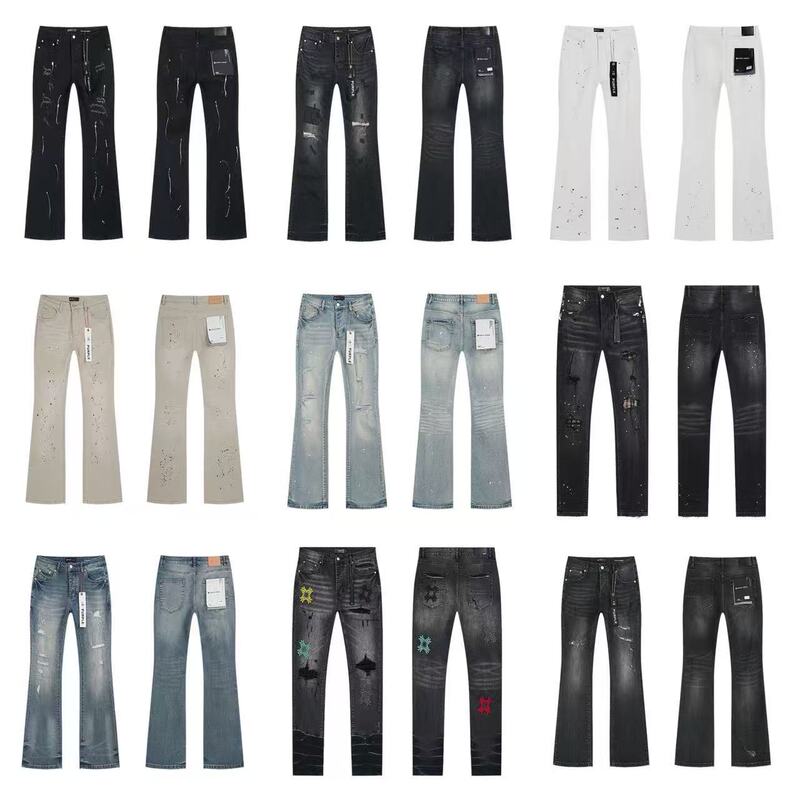 Cross-Border Trendy Brand New Purple Washed and Frayed Light Blue Paint Men's Large Size Casual Straight Jeans