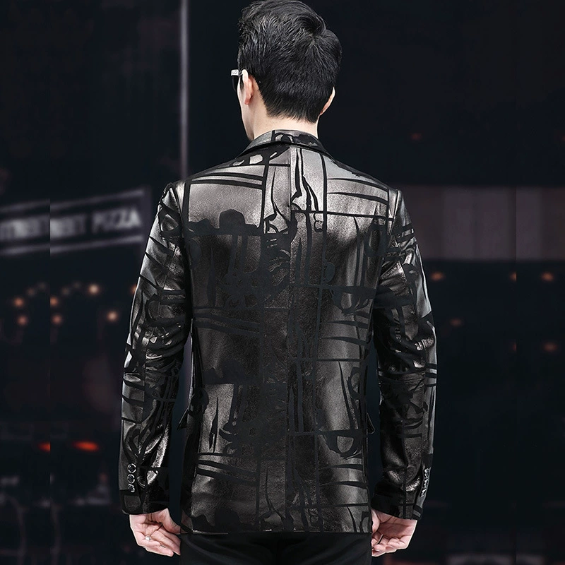 Мужской пиджак из натуральной кожи, slim fit, чёрный принт