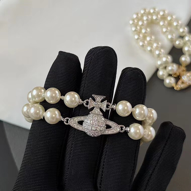 Empress Dowager Double-layer Pearl Saturn Magnetic Buckle Bracelet Women's Vivienne Classic Vintage Diamond Planet Pearl Bracelet