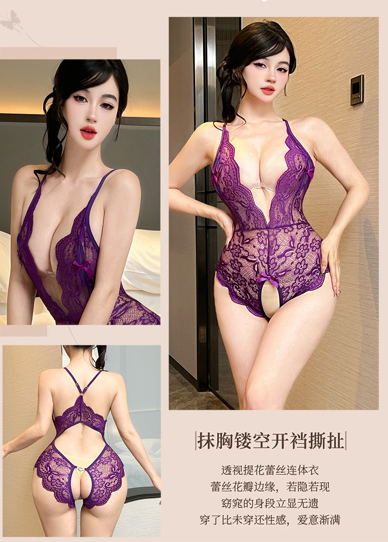Open-Fit Lace Jumpsuit Lingerie, See-Through Purple One-Piece, Women’s Roleplay Intimate Apparel — detail image 10