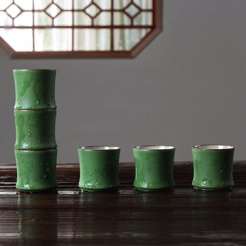 Jiejie high rise cup stoneware product cup bamboo green tea cup bamboo green glaze master cup small cup tea set
