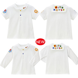 Ready-Made Shirts New Style Cartoon Bear Navy Collar Embroidered Short-Sleeved Long-Sleeved Shirts for Boys and Girls