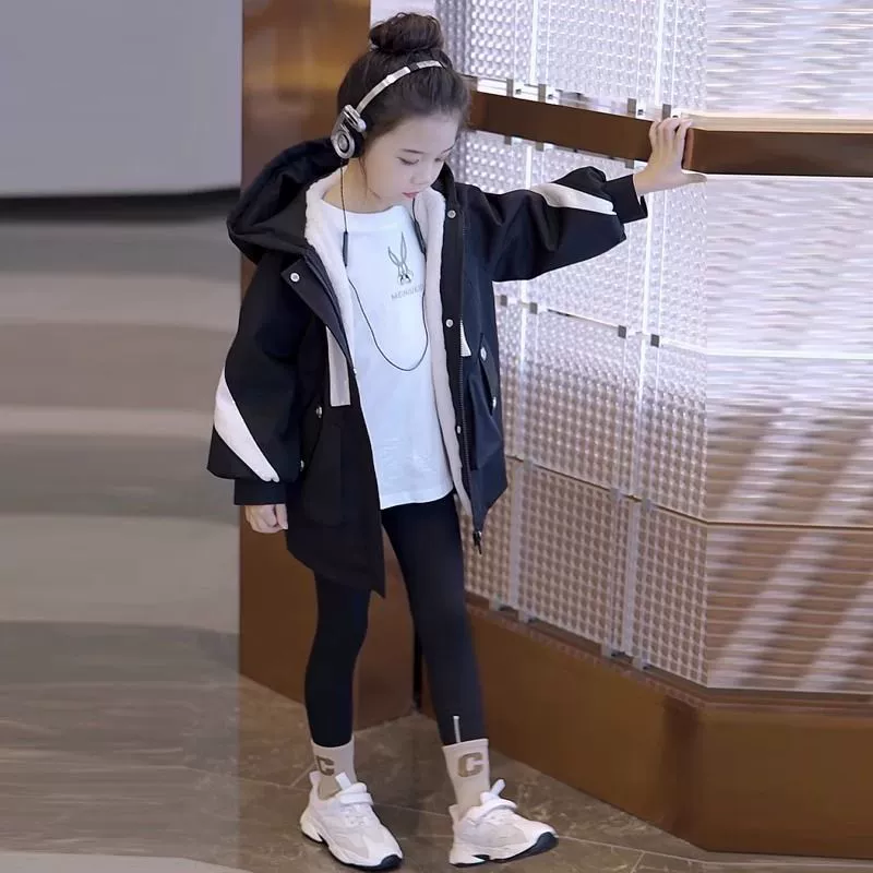 Зимнее пальто для девочек плюс бархатный костюм pike 2024 зимний новый бархатный утолщение повседневный бархатный утолщение для девочек