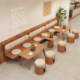 卡座沙发奶茶店桌椅组合复古咖啡厅餐桌商用餐饮茶楼靠墙实木座椅