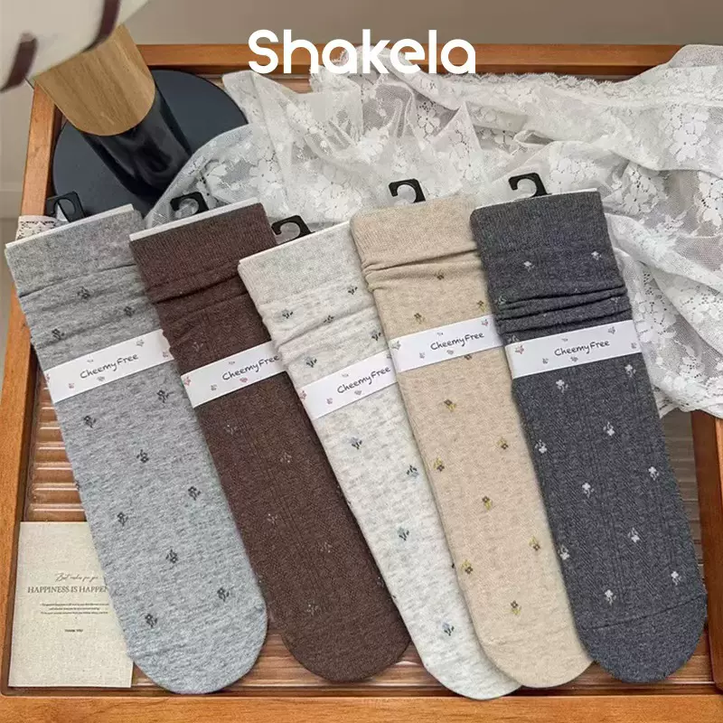 秋季小碎花复古堆堆袜女色纺精梳棉无骨中筒袜日韩ins风清新袜子