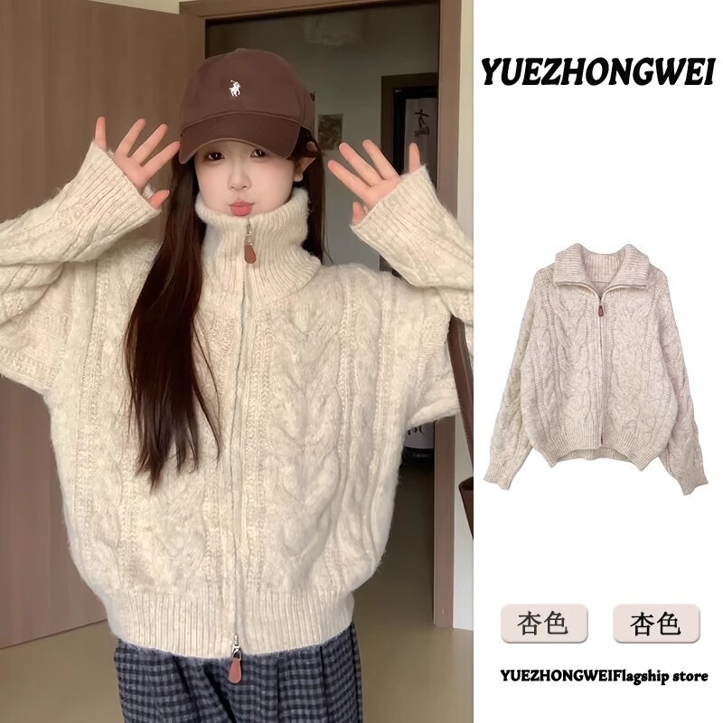 High-Neck Cable-Knit Zip-Up Cardigan Sweater for Women, 2025 New Autumn and Winter Thickened Lazy Style Stand-Collar Knit Jacket High-Neck Cable-Knit Zip-Up Cardigan Sweater for Women, 2025 New Autumn and Winter Thickened Lazy Style Stand-Collar Knit Jacket