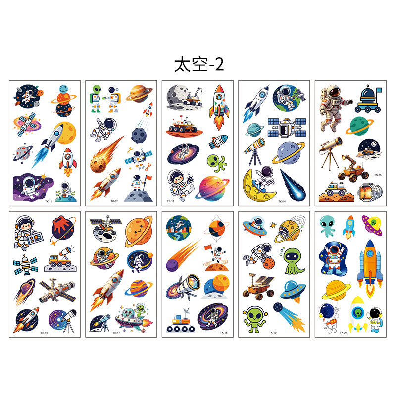 Nuevas pegatinas de tatuajes infantiles con temática espacial, pegatinas de tatuajes impermeables de dibujos animados de astronautas y naves espaciales, venta al por mayor en stock.