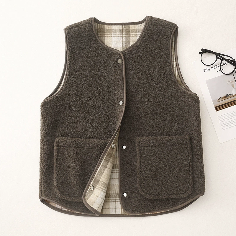 Реальный снимок нового женского жилета из овечьей шерсти на осень-зиму 2025 года, двусторонний жилет, универсальный жилет