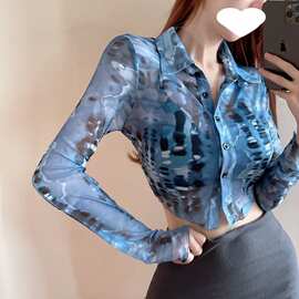 春秋季纯欲露脐衬衫女设计感独特别致甜辣妹幻彩翻领轻薄上衣防晒