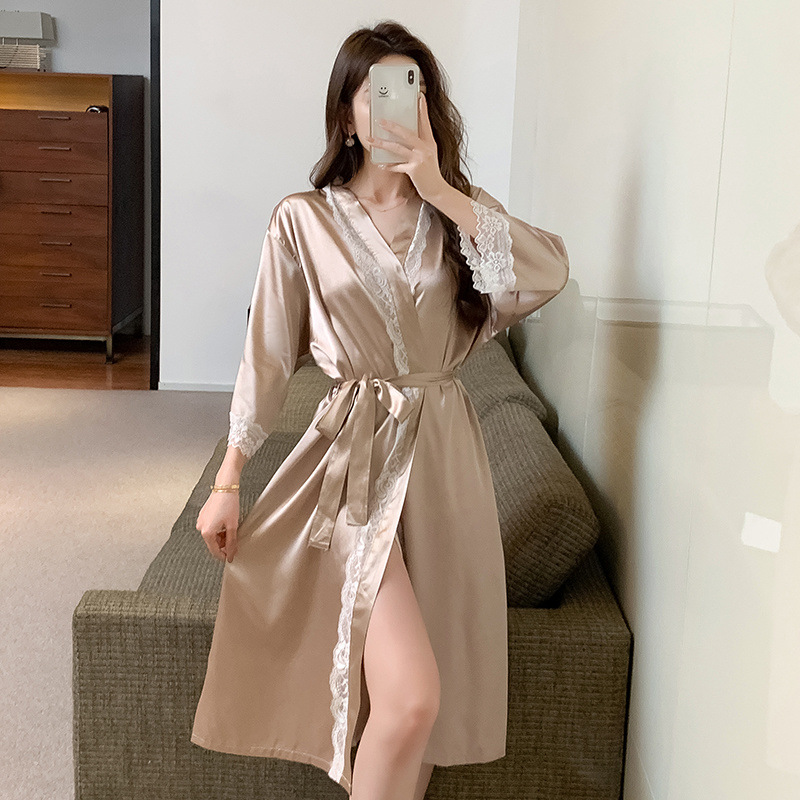 Camisón de otoño e invierno, dama de honor de seda de hielo femenino, bata de la mañana, bata de baño sexy, estilo de hotel, servicio a domicilio suelto de gran tamaño para damas