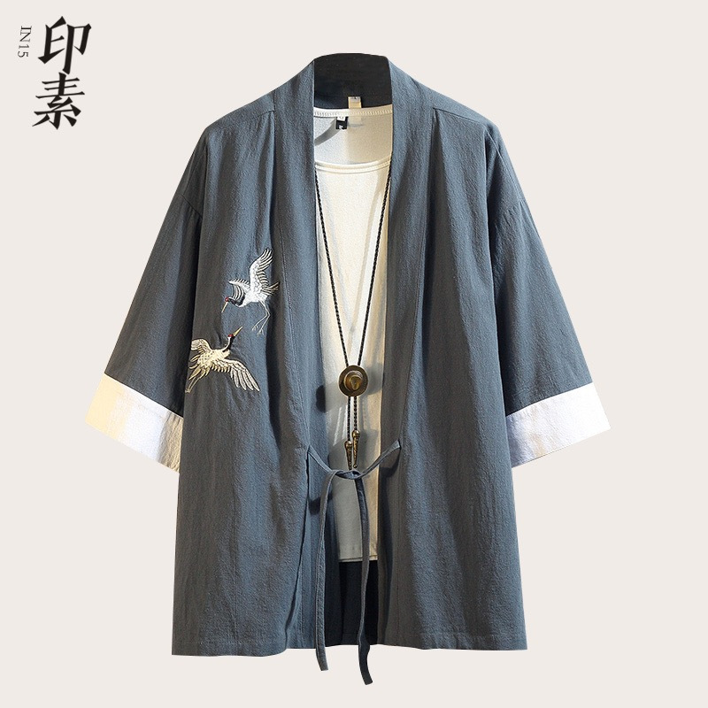 新款七分袖衬衫男2024夏季痞帅外套ins港风休闲百搭衬衣道袍男