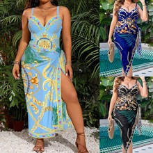 2025欧美跨境女大码比基尼连体网纱两件套复古定版印花亚马逊泳衣