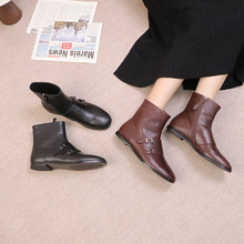 复古风双扣饰真皮短靴 多色可选女式平底靴 简约百搭秋冬女靴
