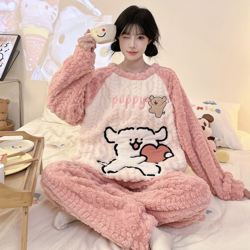 Line-Patterned Puppy Pajamas for Women, Autumn and Winter Thickened Coral Fleece, Girly Wheat Ear Fleece Winter Loungewear, Warm Set Wholesale