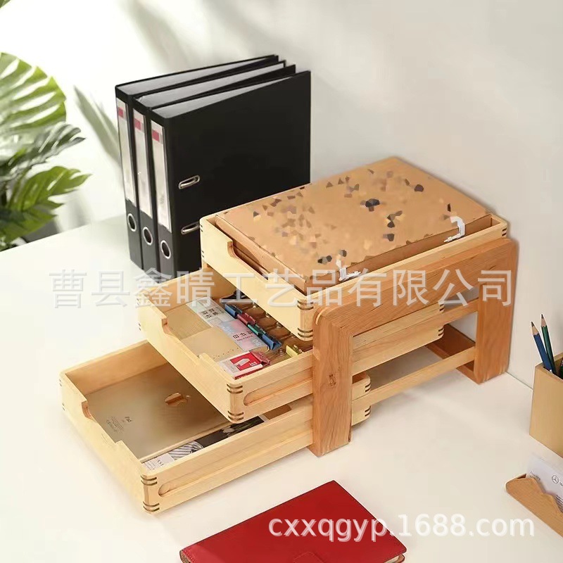 Caja de almacenamiento de cosméticos de madera extraída para el hogar Caja de almacenamiento de escritorio de madera creativa Caja de almacenamiento de madera maciza multicapa