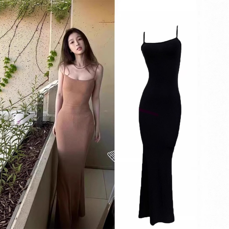 In-Stock American-Style Spicy Girl Dress, Women's Spaghetti Strap Dress, Pure Desire Date Sexy Slim-Fit Bodycon Waist-Cinching Ultra-Long Dress