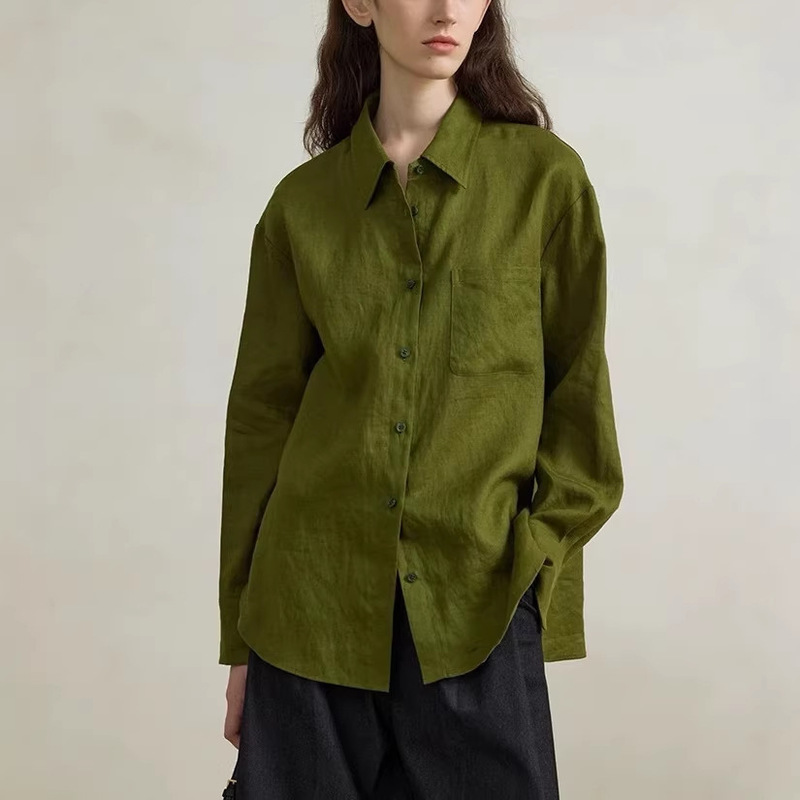 Turquoise Green Linen Shirt for Women, Spring and Autumn, High-End Luxury, Loose Fit, Long-Sleeve Polo Collar Top, Suitable for Layering or Wearing Alone