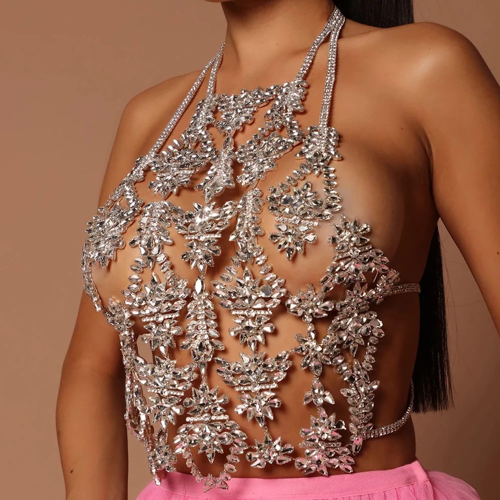 Amazon moda pecho cadena mujer europea y americana sexy personalidad lujo completo diamante Halter bikini cuerpo cadena
