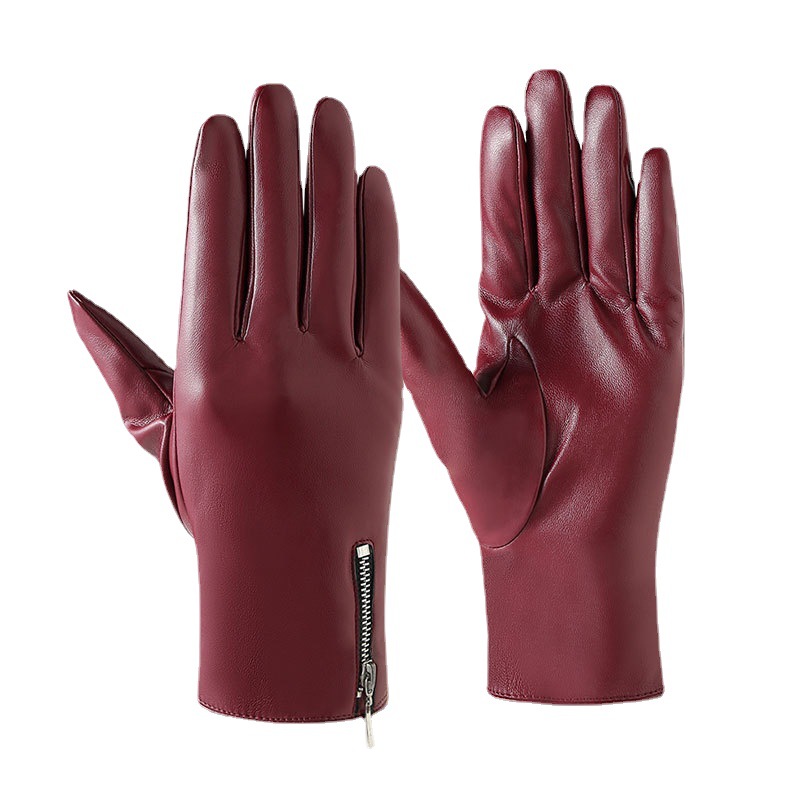 秋冬季保暖分指PU手套纯色薄款羊毛里防泼水手套骑行开车拉链手套