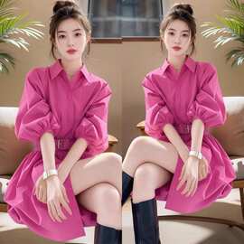 法式气质御姐衬衫连衣裙女2025春秋新款温柔绝美收腰灯笼袖中长裙