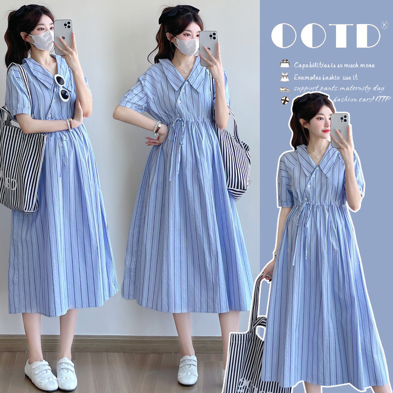 实拍蓝色条纹女夏2025新款可盐可甜日杂感娃娃领孕妇长裙可哺乳