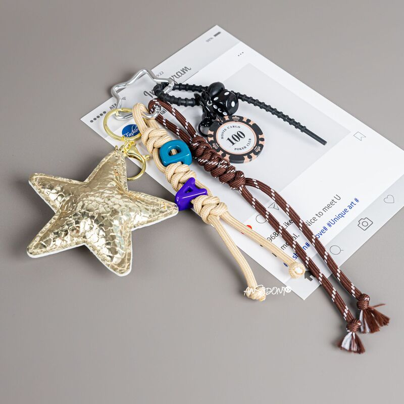 Golden Five-Star Car Keychain Pendant Creative Car Keychain Pendant Mobile Phone Chain Lanyard Bag Hanging for Women